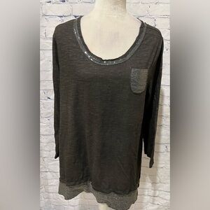 Lulu B Women’s Top Pullover 100% Cotton Sequin Trim Grey Top Blouse Size Large